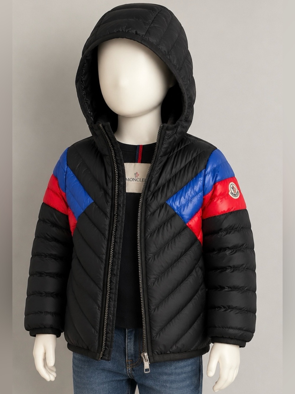 Moncler Black Puffer Jacket with Red & Blue Trim